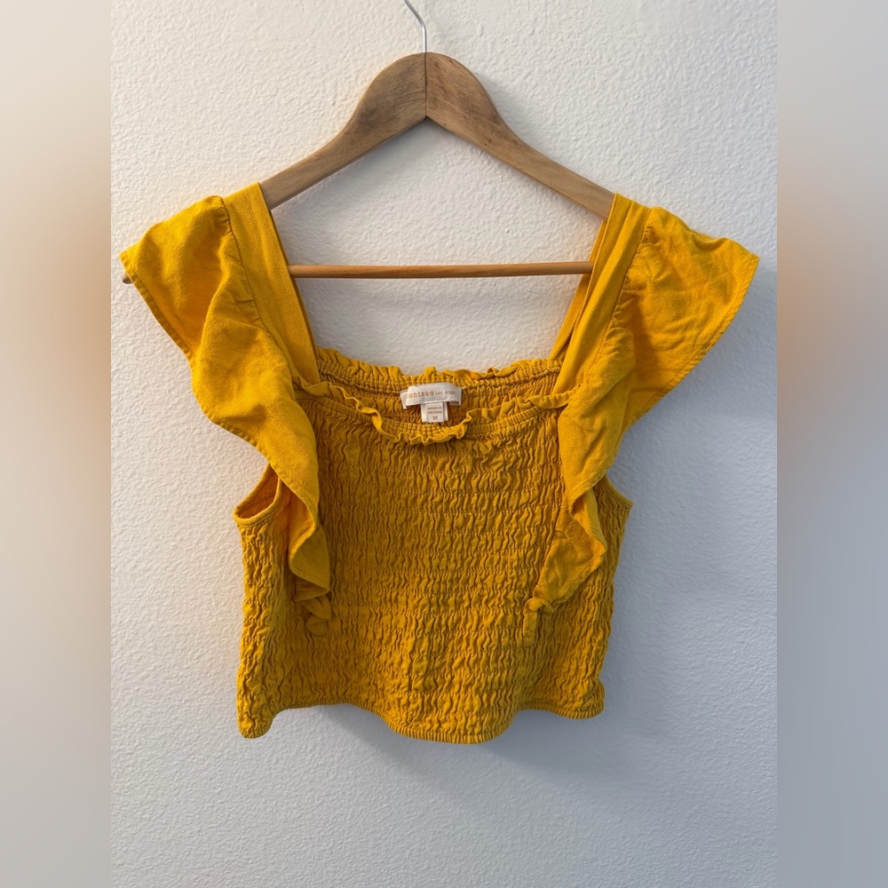 Monteau Mustard Yellow Smocked Ruffle Linen Blend Tank Top Size M